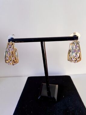Vintage Gold-Plated Openwork Lattice Semi Hoop Post Earrings